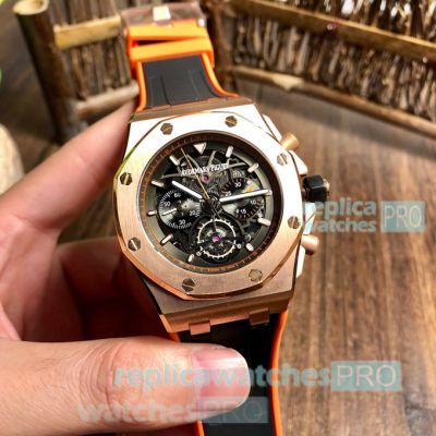 Copy Audemars Piguet Royal Oak Chronograph Gold Bezel Black & Orange Rubber Strap Watch